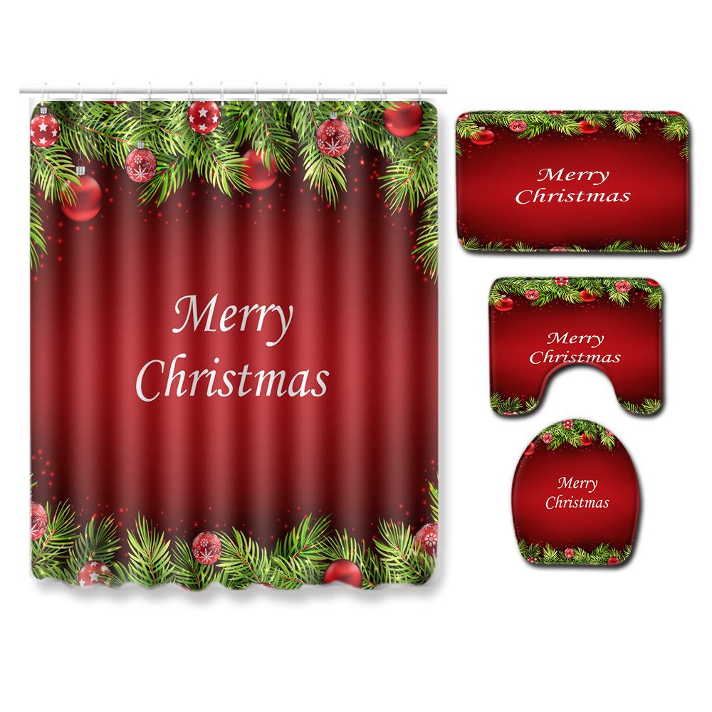 Christmas Bathroom Non-Slip Door Mat, Shower Curtain Floor Mat Combination Four-Piece Toilet Absorbent Carpet