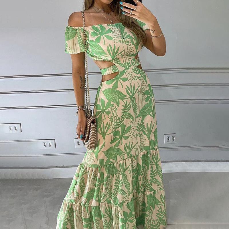 Women Sexy Off Shoulder Printed Lace Up Cutout High Waist Slim Fit Long Swing Dress