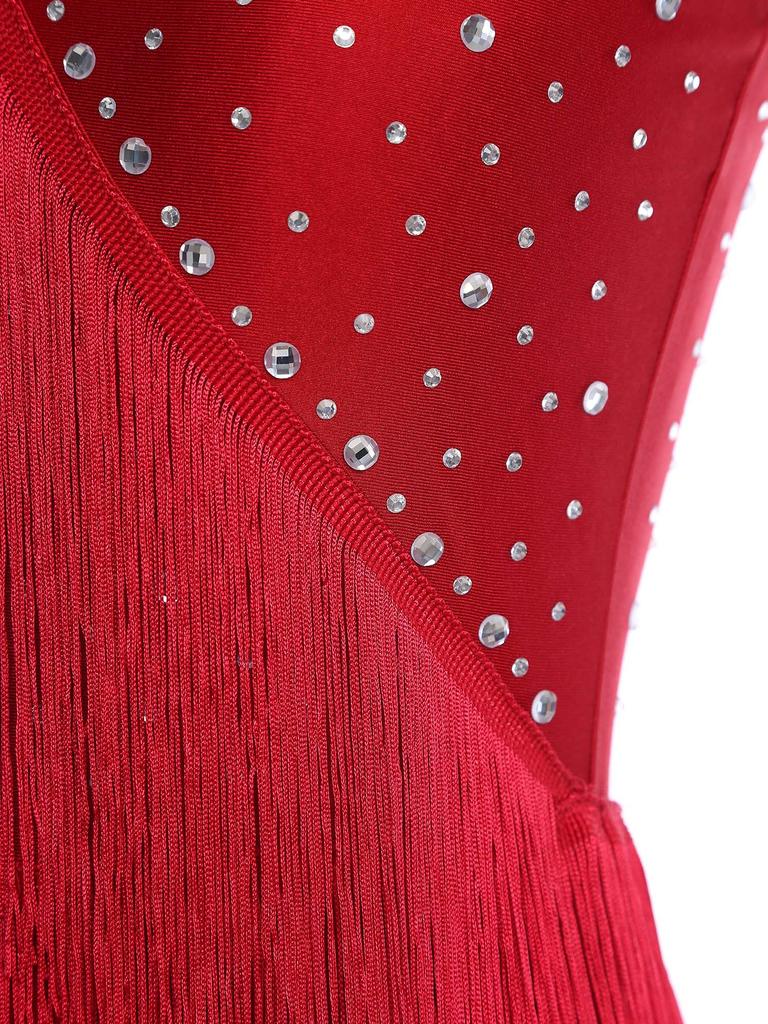 S-3XL Women Dance Bodysuit Halter Neck with Rhinestones Fringed Back Latin Tango Salsa Jazz Performance Costume Leotard