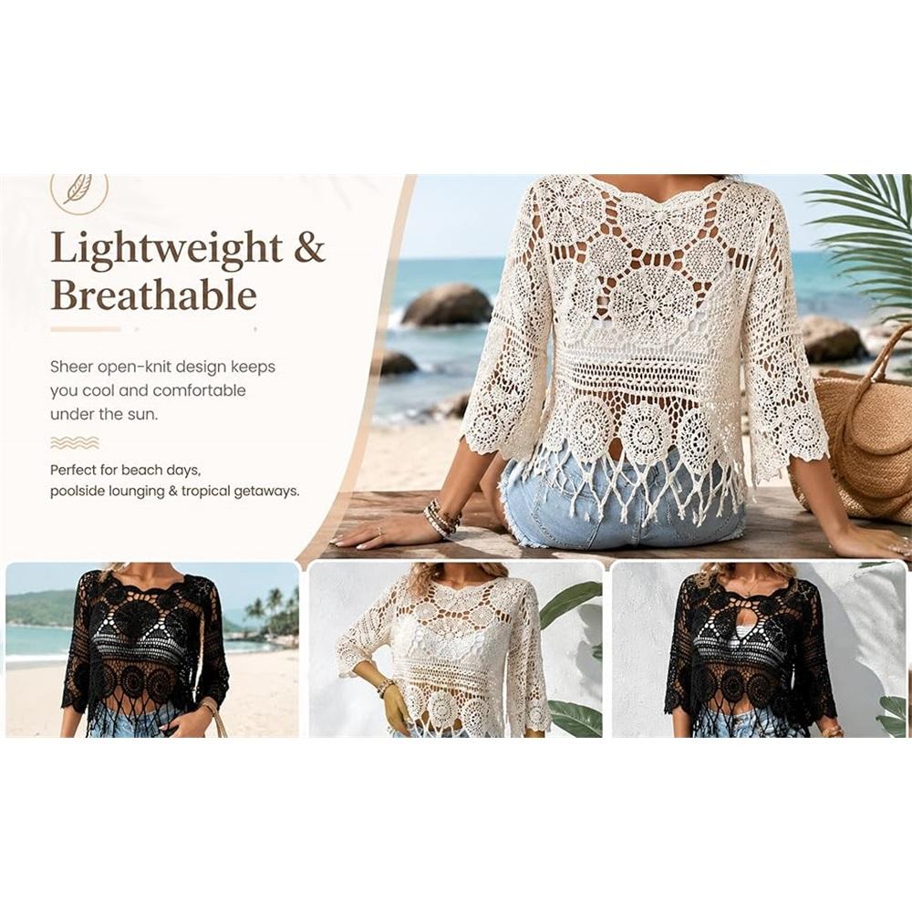 Women's Plain Fringe Trim Cut Out Sheer Cover Up-Boho Scallop Trim 3/4 Sleeve Beach Sarong for Vacation Poolside