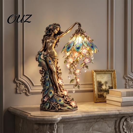 Detailed Resin Statue Peacock/Butterfly Goddess Desk Light, Decorative Lighted Sculpture, with Warm LED Artistic Home Soft Furnishing Lighting, Retro