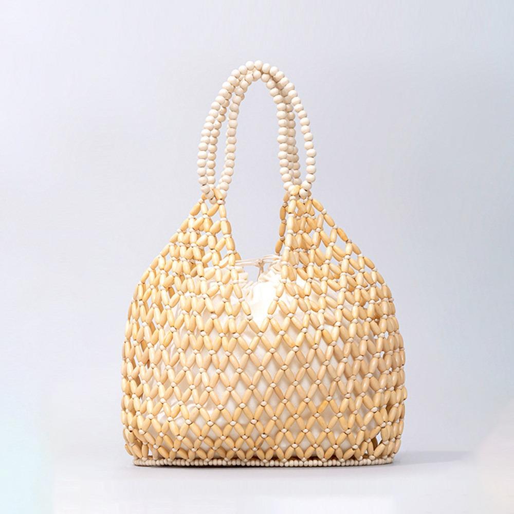 Fashion Polyester Lining Beaded Shoulder Bag Large Capacity Handwoven Ladies Handbag Bucket Shape Women Crossbody Bag Ladies