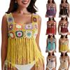 Womens Crochet Tank Top With Tassels Cover Ups Knit Colorful Floral Embroidery Summer Boho Camisole Hollow Out Beachwear