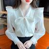 Мода 2024 Осень Длинный рукав Воротник-бант Повседневный Абрикосовый оборки Шифон Блузка Рубашка Женские Топы Блузки Рубашки J514