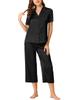 Cheibear Pajama Short Sleeve Solid Satin Top and Capri Size S Women's Set, Pants, Black,