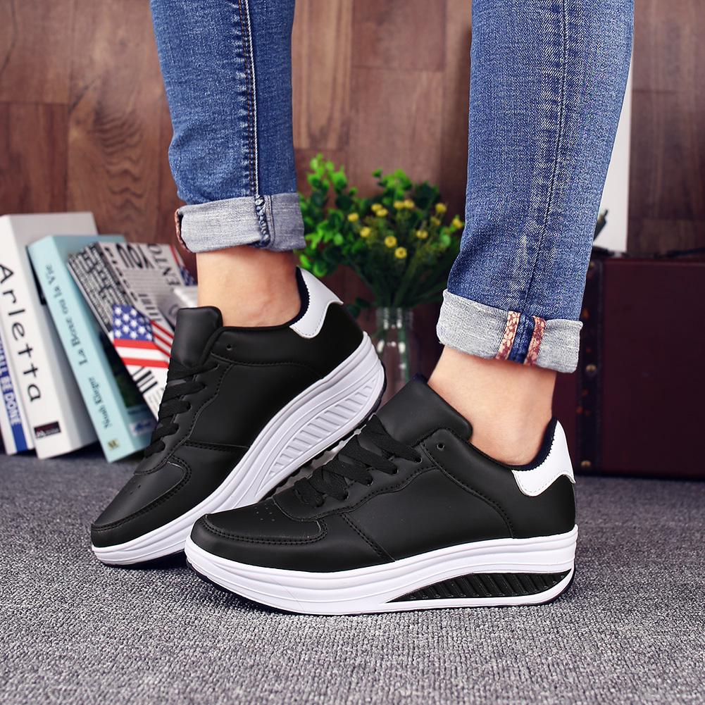 Women Thick-soled Sports Shoes PU Leather Outdoor Sneakers Non-slip Rocker Shoes Fashion Platform Shoes