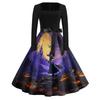 Women's Casual Fashion Halloween Print Square Neck Vintage Style Long Sleeve Dress with Waist Tie Belt Retro A-Line Midi Dress for Fall