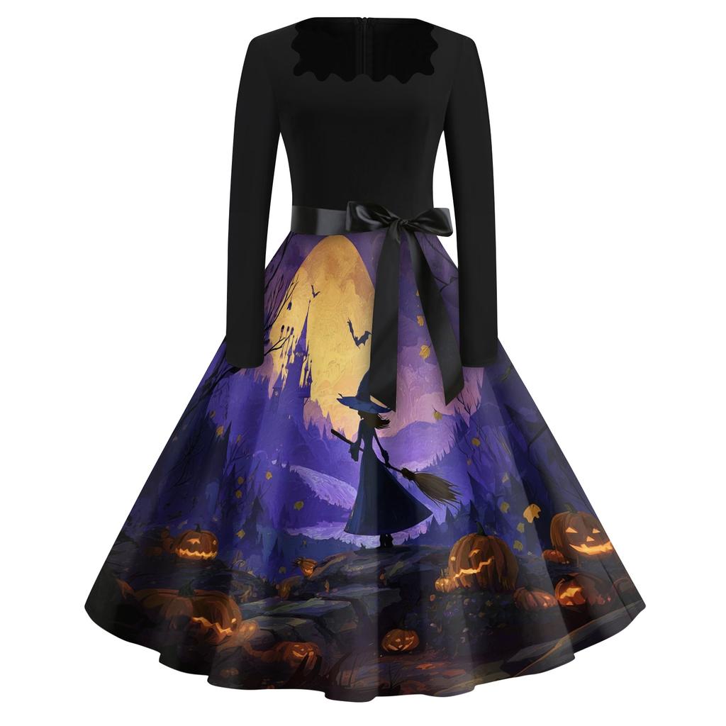 Women's Casual Fashion Halloween Print Square Neck Vintage Style Long Sleeve Dress with Waist Tie Belt Retro A-Line Midi Dress for Fall