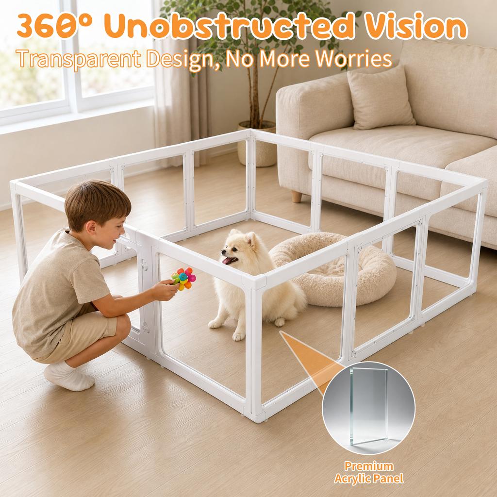Clear Acrylic Dog Playpen Indoor, Transparent Fence for Puppy Rabbit and Cat, Easy Assemble Plastic Playard 12 Panels