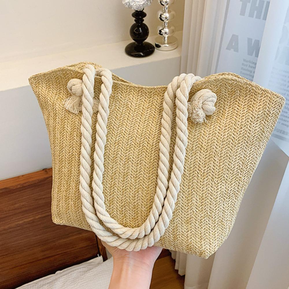 Solid Color Beach Handbag Bohemian Underarm Shoulder Bag Elegant Straw Tote Bag  Summer