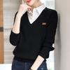 Faux Two Piece Long Sleeve Knit Sweaters Fashion Lapel Shirt Pullover Blouse Women Autumn Winter Tops