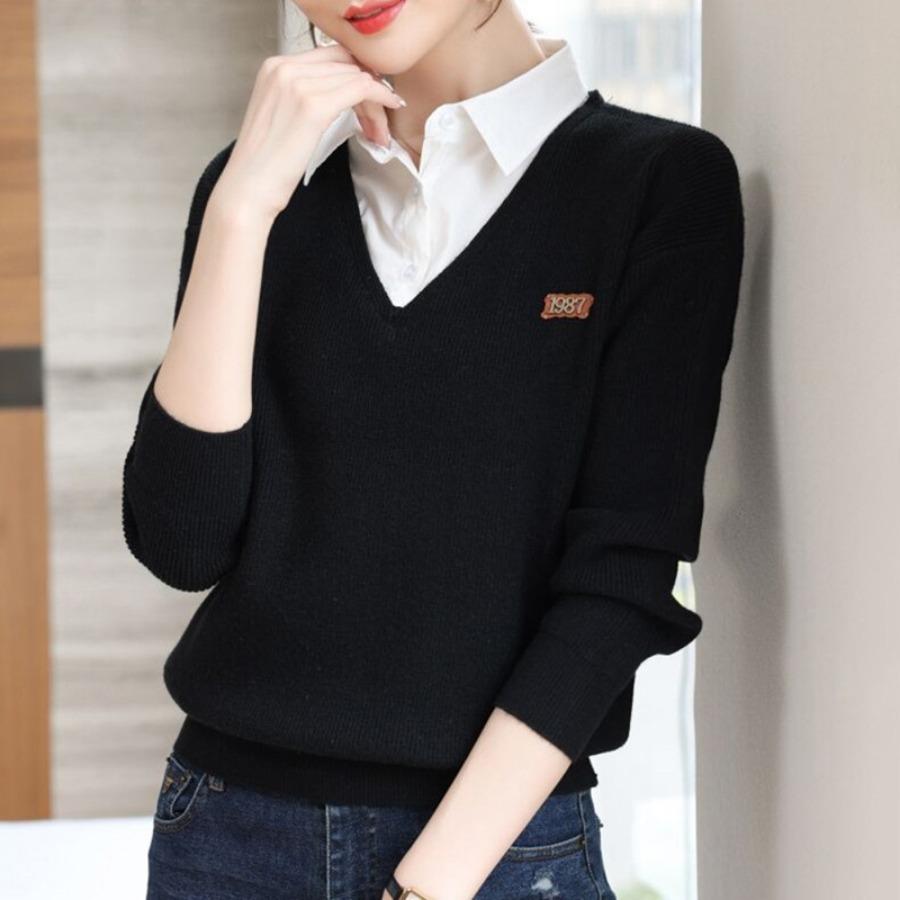 Faux Two Piece Long Sleeve Knit Sweaters Fashion Lapel Shirt Pullover Blouse Women Autumn Winter Tops