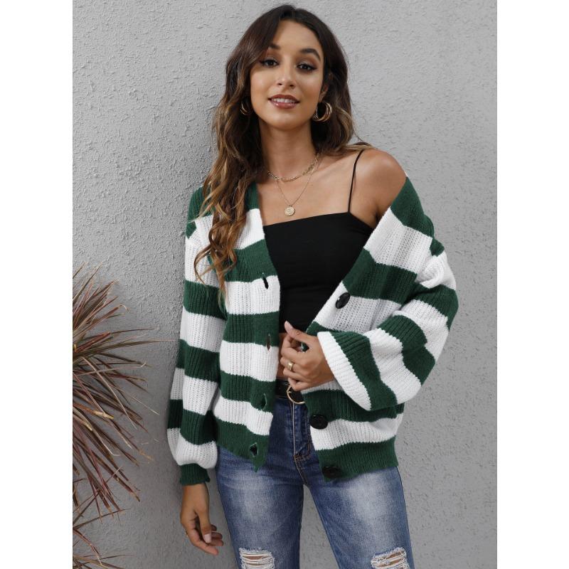 Женский осенне-зимний кардиган с яркими полосками, лоскутный тканый свитер с пуговицами