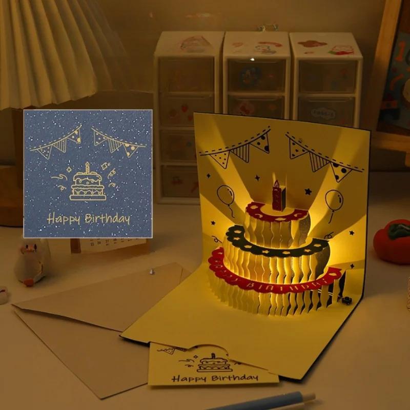 Музыкальная 3D Pop-Up Открытка-Поздравление с Днем Рождения - Светодиодная Подсветка, Дизайн Торта, Автоматическое Воспроизведение Музыки, Идеальный Подарок для Мамы, Жены, Братьев/Сестер и Друзей