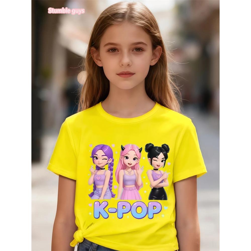 Girls Anime Kpop Theme T-Shirt 2026 Summer Style Cute Graphic Print Short Sleeve Soft Comfortable Anime Clothes Kids Tee