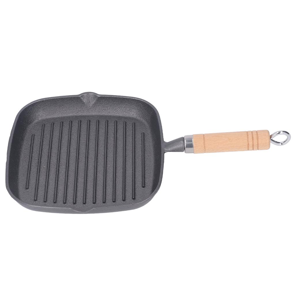 Grill Pan Multipurpose Prevents Stick Quadrate Cast Iron Steak Pan with Wooden Handle for Bacon