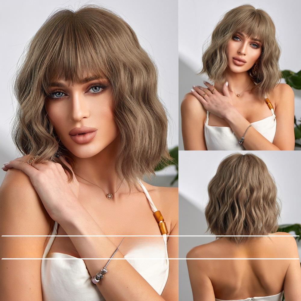 European and American Style Women's Short Curly Bobo Wig with Blunt Bangs Lades Summer Fashion Front Lace Heat Resistant Synthetic Fiber Wigs