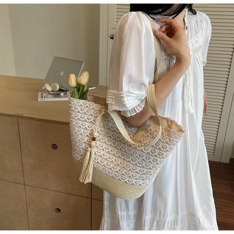 Летняя соломенная сумка плетеная сумка 2025 пляжная сумка для отпуска на море большая вместимость соломенная универсальная на плечо сумка-ведро