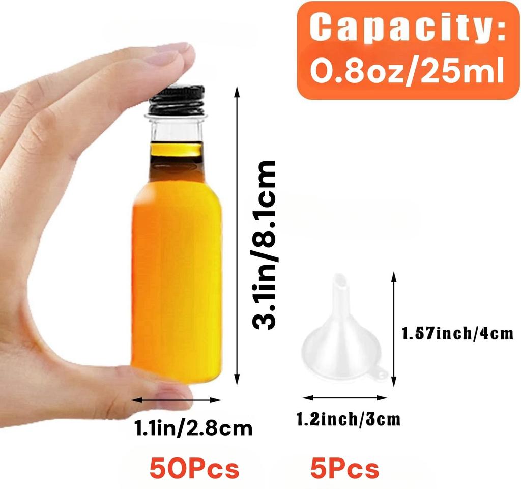 30-100Pack Mini Liquor Bottles with Funnels Plastic Alcohol Bottles Little Shot Spirit Bottles for Wedding Party Favor 0.8/1.7oz