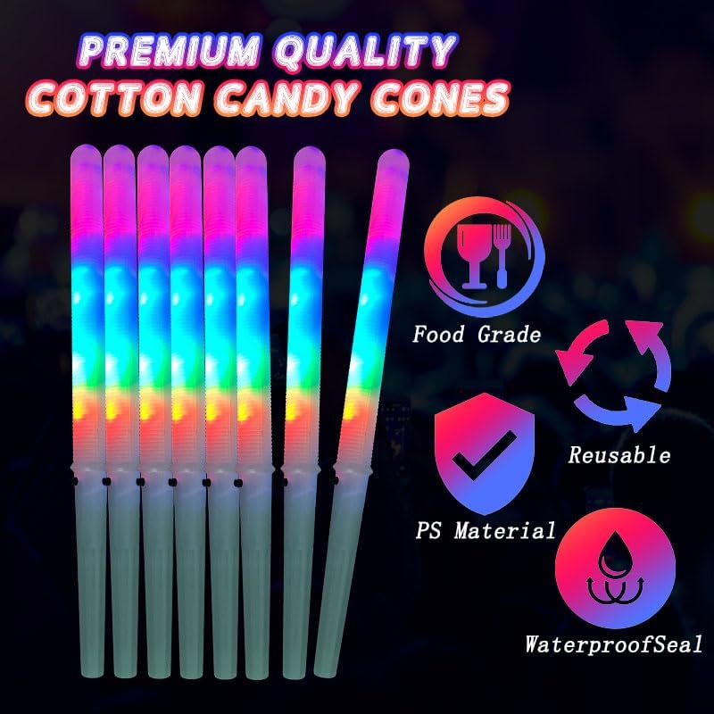 10 Pcs LED Cotton Candy cones,Glowing Cotton Candy Sticks, Cotton Candy Holder Reusable and Waterproof, Suitable for Christmas Party Colorful