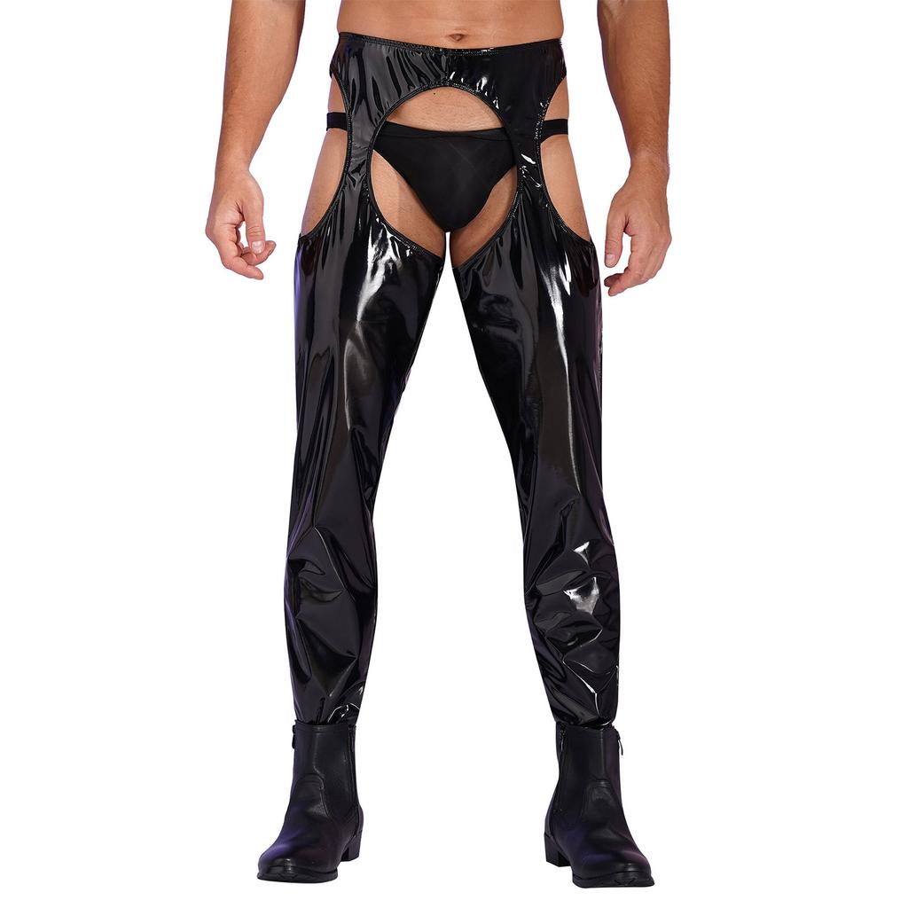 Mens High Waist Patent Leather Pants Cutout Design Nightclub Attire
