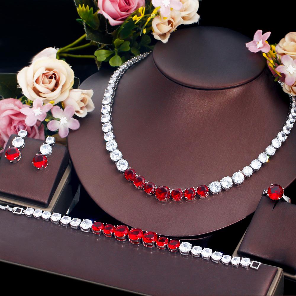 CMM 4PS Роскошный комплект свадебных украшений, ожерелье, кольцо, серьги, браслет, сапфировый цвет/рубиновый цвет, цирконий