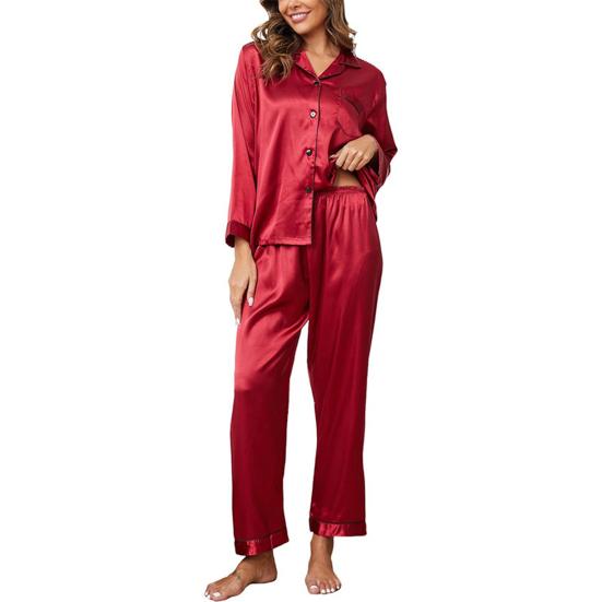 2 шт./комплект пижамный костюм атласный однобортный кардиган рубашка V-образный вырез воротник однотонная рубашка