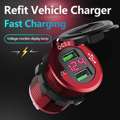 Автомобильное зарядное устройство с двойным USB Qc 3,0, алюминиевая розетка, зарядное устройство с цифровым дисплеем напряжения для автомобиля, мотоцикла 12 В/24 В