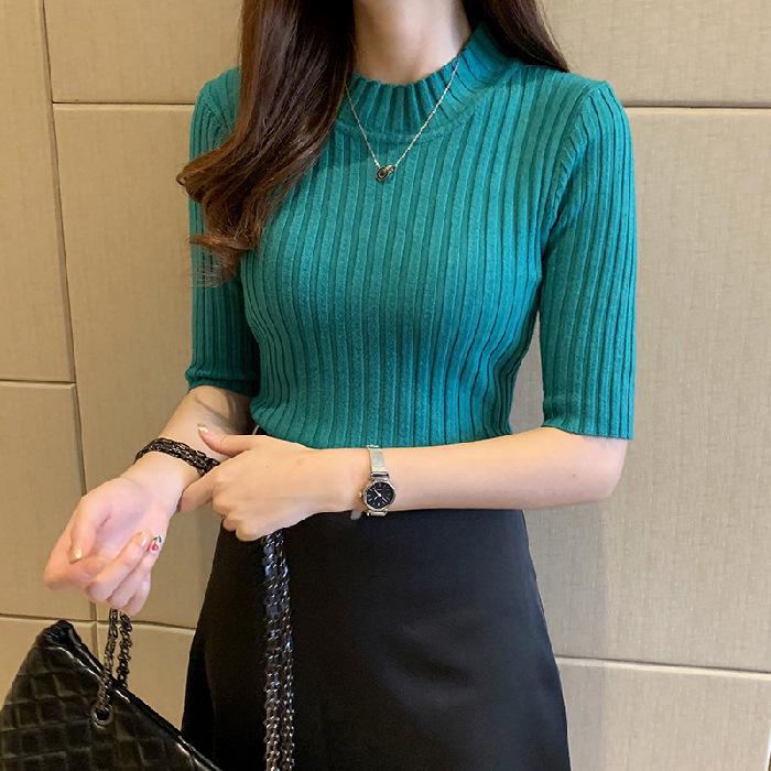 2026 Spring/Autumn Women's Slim Fit Mid-Sleeve Knitwear Pullover Sweater – Gentle Style Short Top