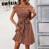 Spring/Summer Resort Style Striped Dress Tie Belt A-Line Skirt Mid-Length Dress