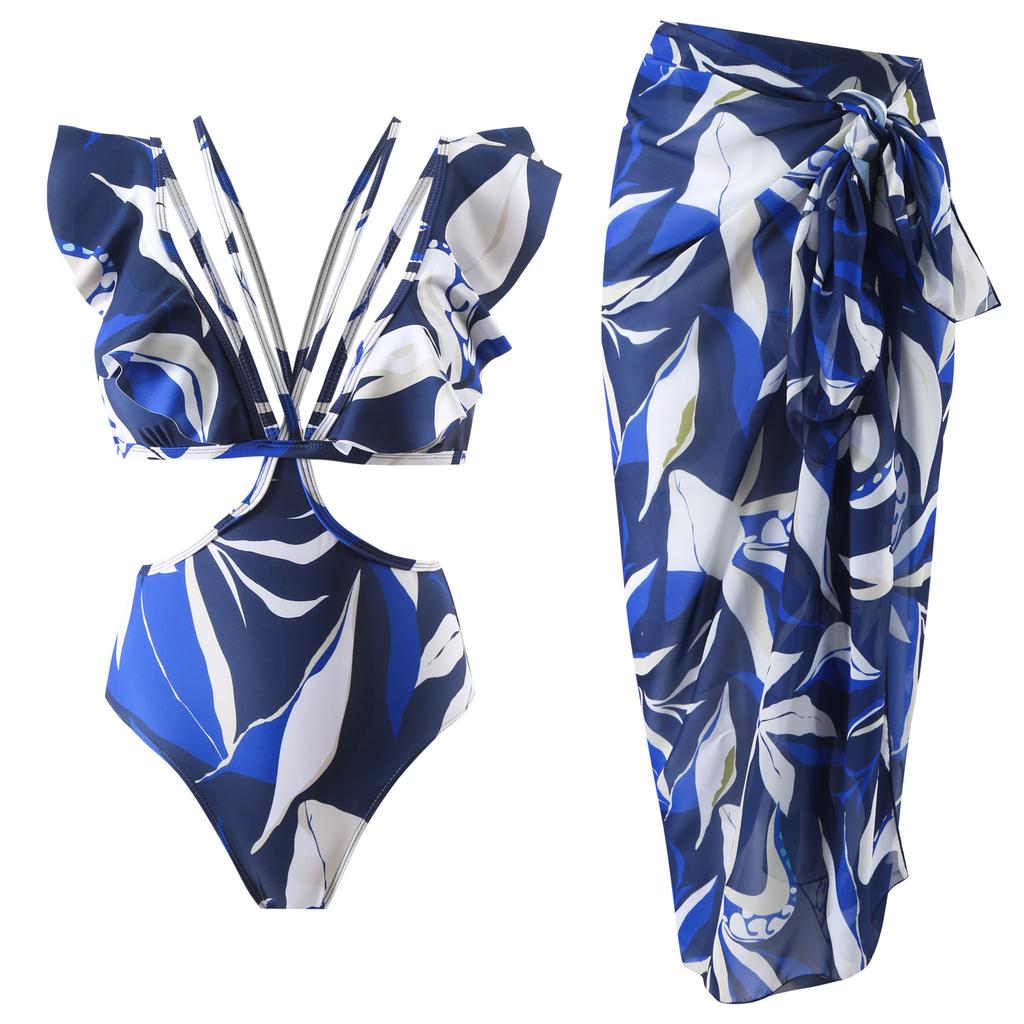 New Sexy One-piece Swimsuit for Women Halter Neck Chiffon Skirt Swimsuit Set