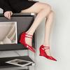 Весенние новые красные туфли на танкетке с острым носком на высоком каблуке женские босоножки с бантиком на каблуке А-силуэта с пряжкой Туфли Мэри Джейн на высоком каблуке