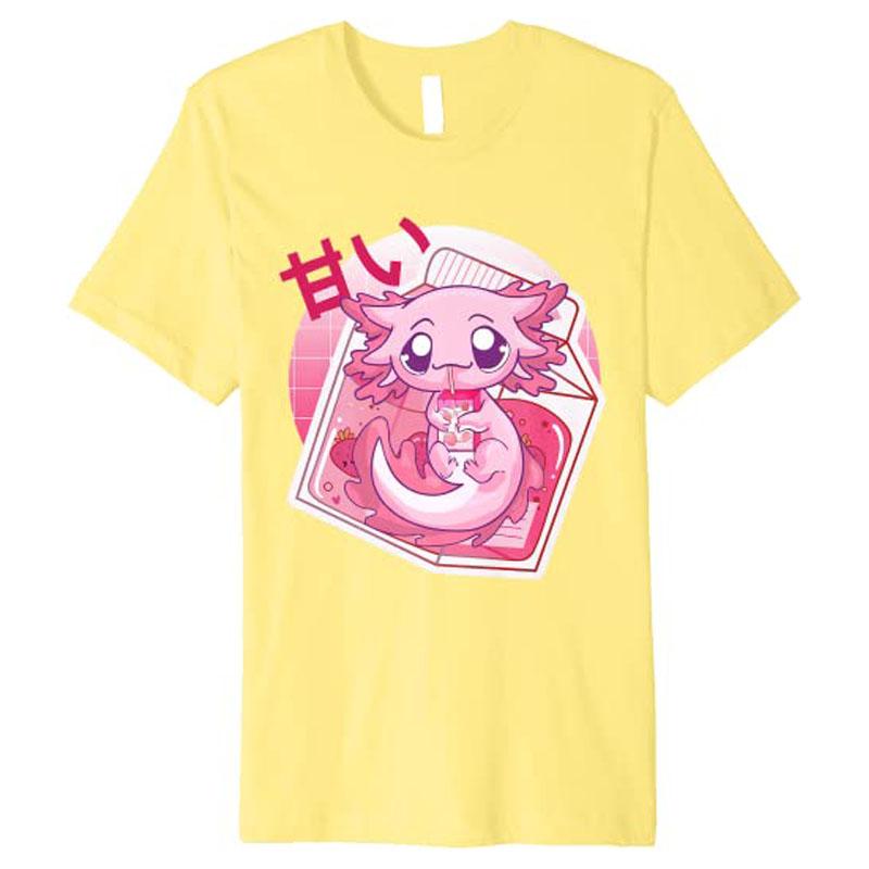 Kawaii Axolotl Strawberry Milk Japanese Anime Girls Teenager Premium TShirt Y2k Cartoon Unisexga Graphic Aesthetic Clothes Novelty