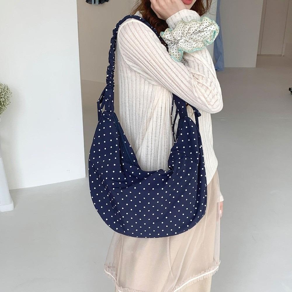 Adjustable Polka Dot Nylon Crossbody Bag Drawstring Lightweight Pleated Shoulder Bag Prined Large Capacity Canvas Dumpling Bag