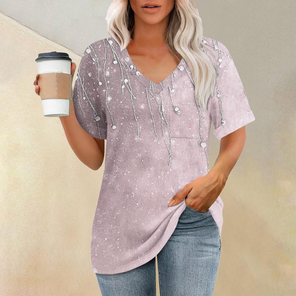 Женская модная футболка с коротким рукавом и V-образным вырезом с карманом и цветочным принтом