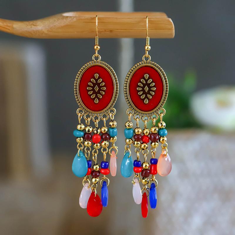 Bohemian Earrings, Water Drop Resin Dripping Oil, Retro Earrings, Fringed Personality, Niche Travel Pendant.