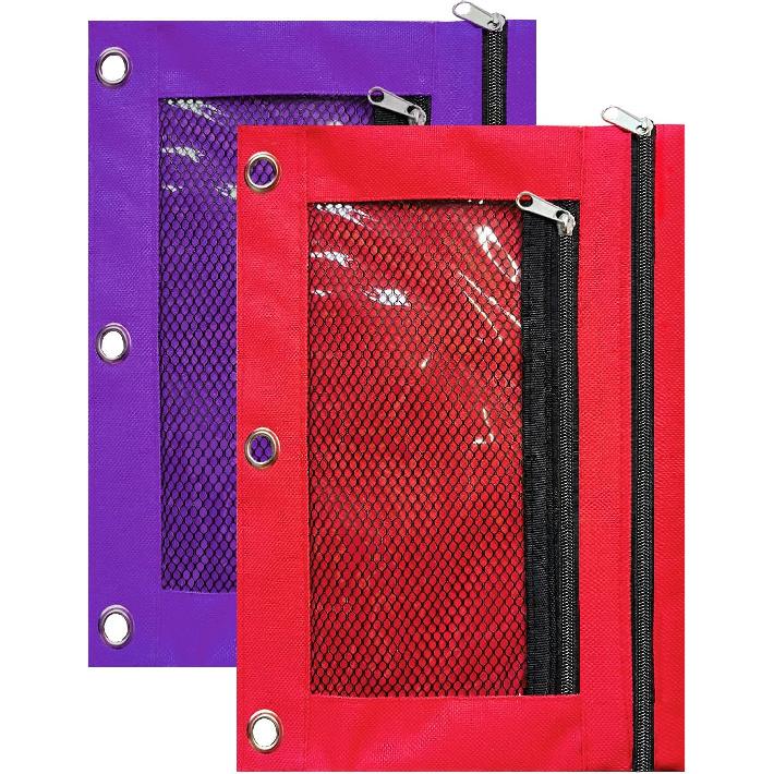 3 Ring Binder Pencil Pouch, 2 Pack Pencil Pouches with Zipper-Pencil Case with Double Pocket and Mesh Window (Purple&Red)