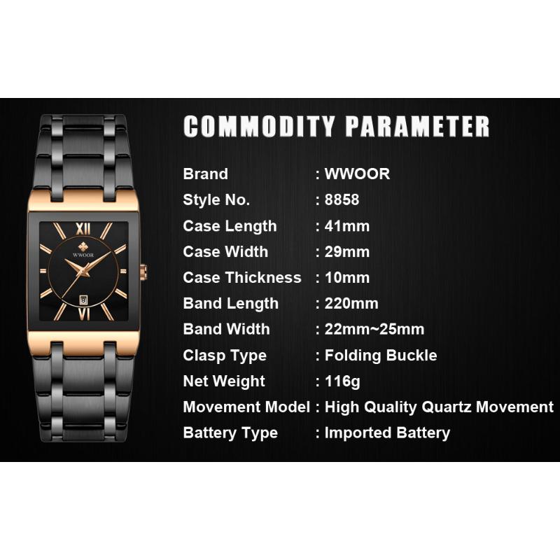 Модные мужские часы из нержавеющей стали WWOOR Square, водонепроницаемые кварцевые часы для мужчин, лучший бренд класса люкс, золотые, черные наручные часы