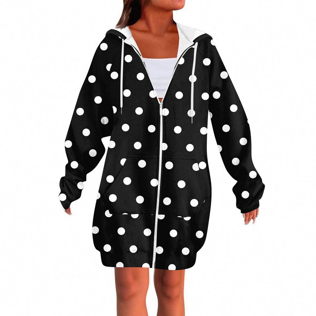Women's Fashionable Printed Long Sleeved Drawstring Hooded Zipper Pocket Long Casual Sweatshirt Jacket