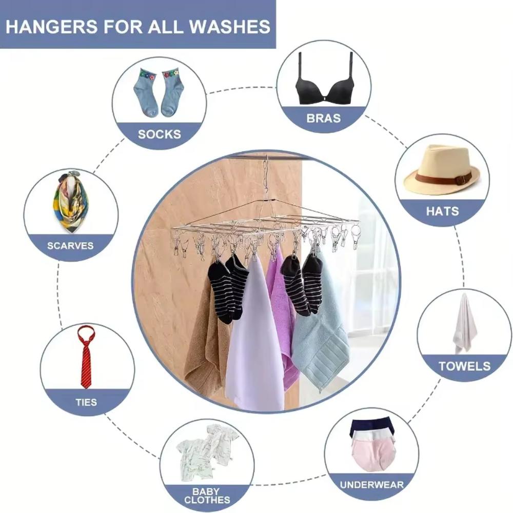 Stainless Steel Laundry Drying Rack With Multiple Clips For Socks Underwear Home Dorm And Outdoor Use Not easy to fall off
