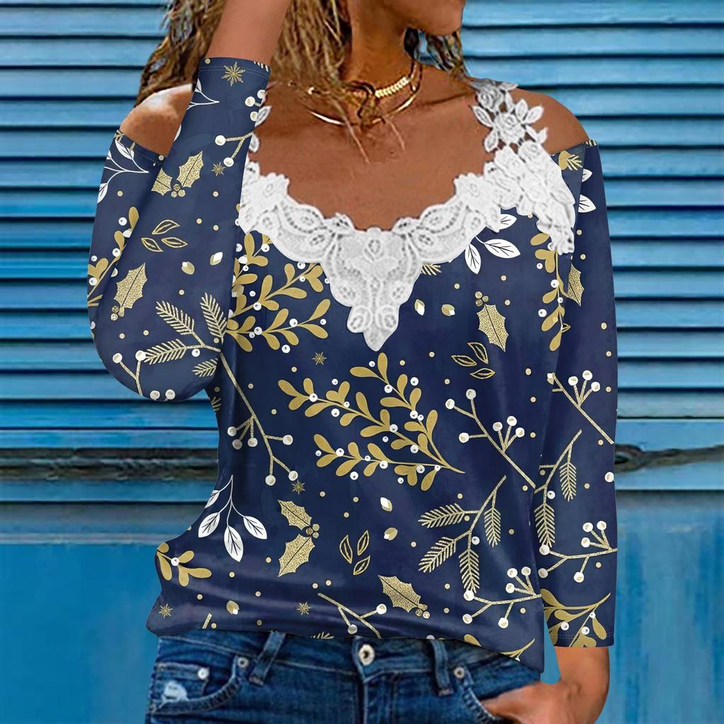 Модный кружевной пуловер с V-образным вырезом, длинный рукав, полосатый принт, однотонная повседневная футболка