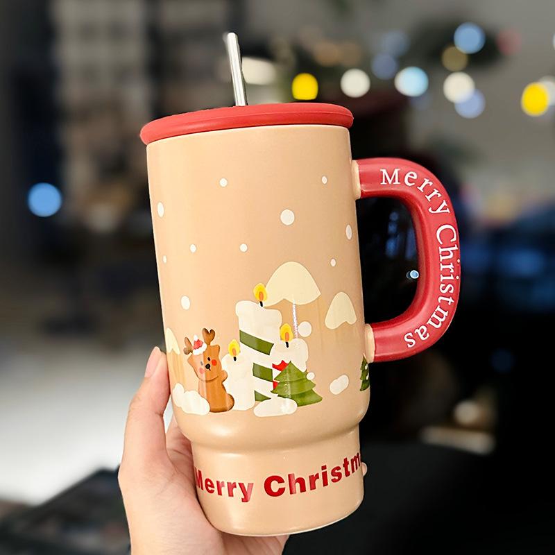 Christmas Ceramic Mug With Lid Large Capacity Household Straw Cup Creative Christmas Gift Souvenir