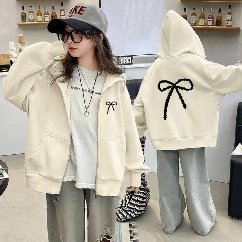 Весна Осень Повседневные куртки для девочек Толстовки Пальто Детская верхняя одежда с бантом Тонкая молния Подростковая спортивная одежда