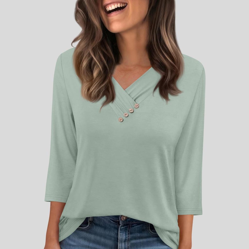 Женская футболка, футболка, пуговица, рукав 3/4, туника, повседневная, для выходных, модная, базовая, с V-образным вырезом, обычный топ