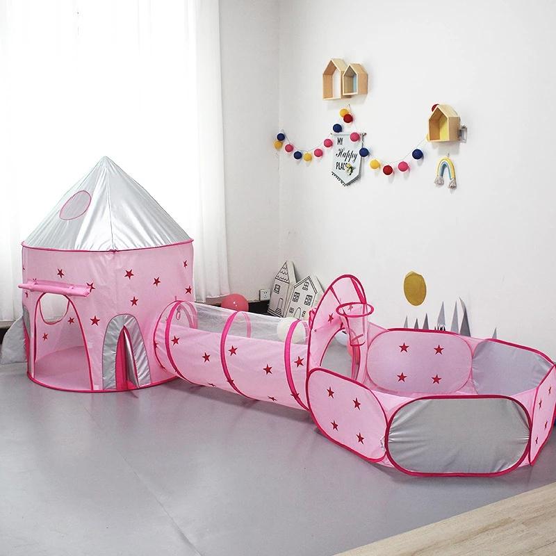 Children's 3 In 1 Tent Spaceship Tent Space Yurt Tent Game Pink House Rocket Ship Play Tent Ball Pool for Girl