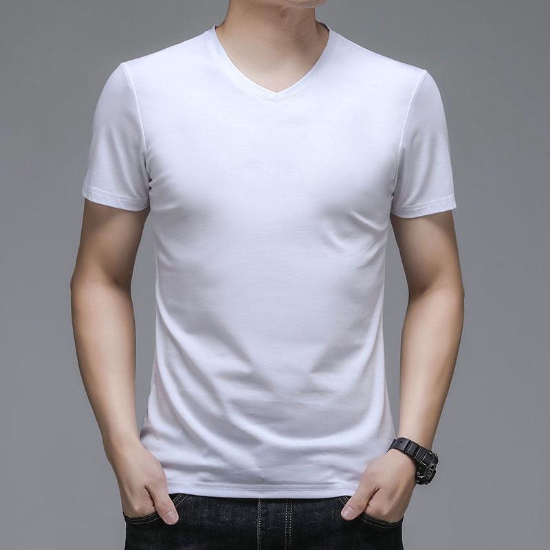 Men's Slim Fit V-Neck Short Sleeve T-Shirt - Solid Color, Trendy Innerwear, White