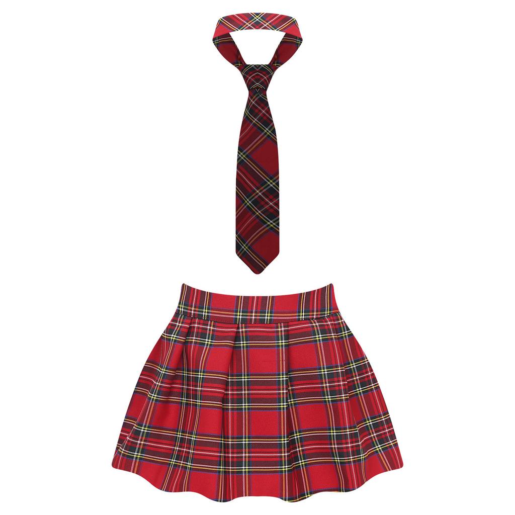 Women Plaid Pleated Mini Skirt with Attached Necktie School Uniform Style Zipper Closure Fancy Dress Costume