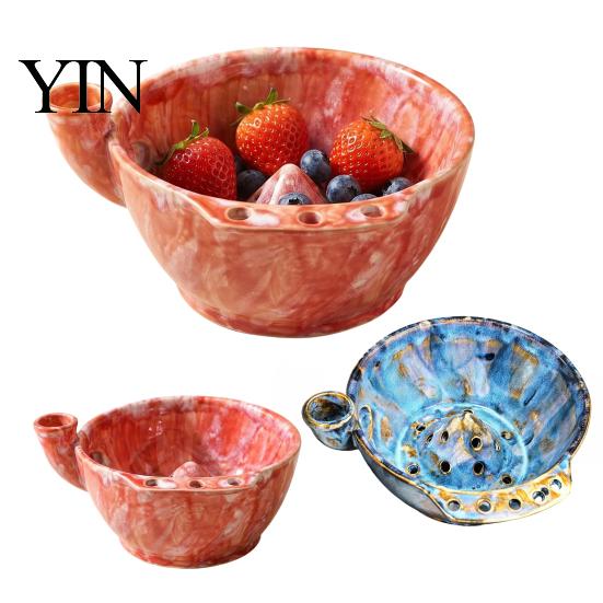 Decorative Fruit Display Dish Ceramic Berry Bowl, Self Rinsing with Drainage Hole Washing Kitchen Sink Vegetable Rinser Glazed Bowl for Countertop