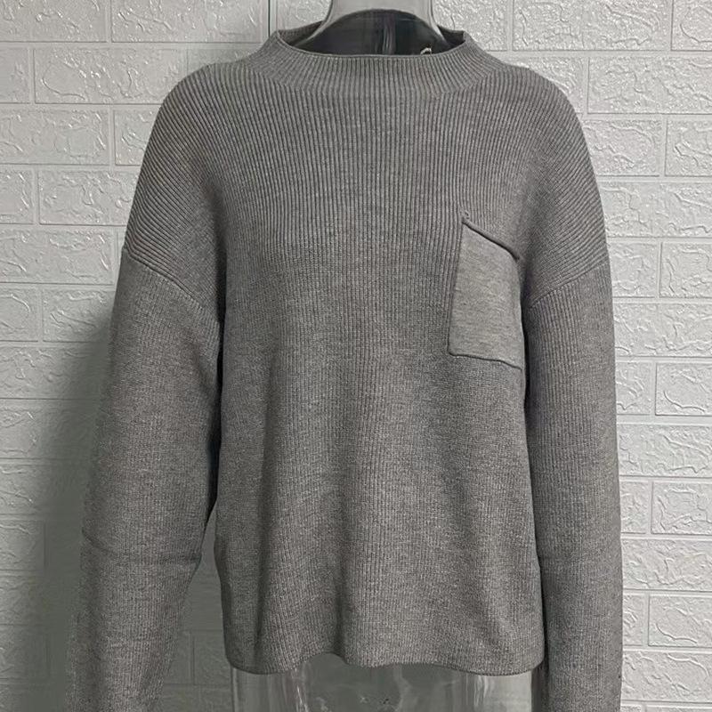 Sweater Women's Fashion Crew Neck Top Casual Long Sleeve Pocket Knitted Pullover