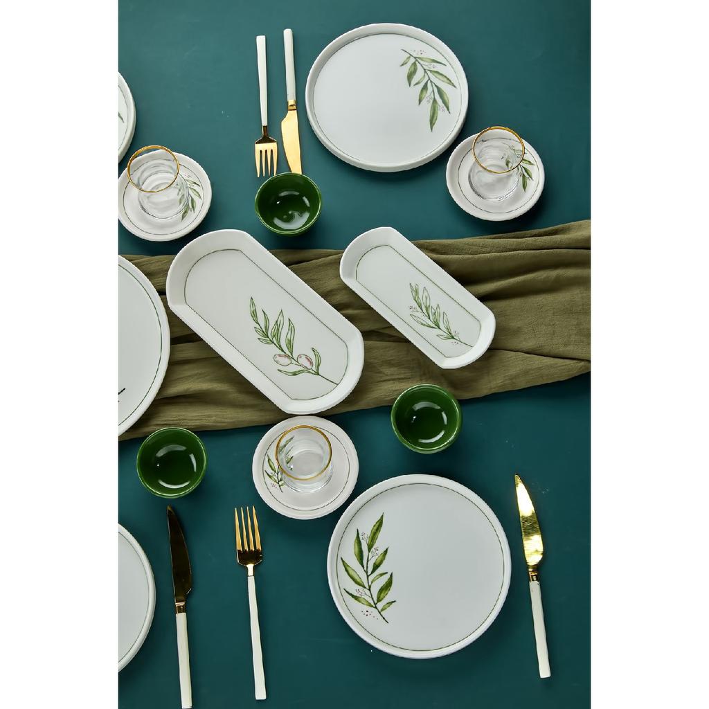 Botanical Green Camellia Leaf Patterned Luxury Ceramic 14 Piece Breakfast Set For 6 Persons